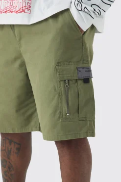 Plus Fixed Waist Twill Relaxed Cargo Zip Detail Tab Short | BoohooMAN UK