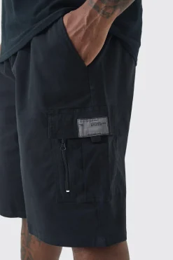 Plus Fixed Waist Twill Relaxed Cargo Zip Detail Tab Short | BoohooMAN UK