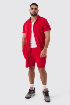 Plus Flame Embroidered Towelling Shirt & Short Set Red | BoohooMAN UK