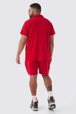 Plus Flame Embroidered Towelling Shirt & Short Set Red | BoohooMAN UK