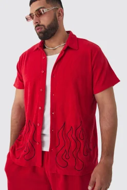 Plus Flame Embroidered Towelling Shirt & Short Set Red | BoohooMAN UK