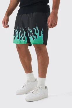 Plus Flame Hem Print Swim Shorts | BoohooMAN UK