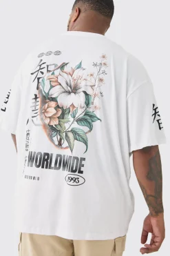 Plus Floral Sleeve Print T-shirt In White | BoohooMAN UK