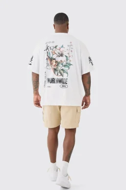 Plus Floral Sleeve Print T-shirt In White | BoohooMAN UK