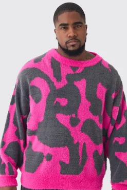 Plus Fluffy Knit Abstract Sweatshirt | BoohooMAN UK