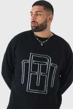 Plus Fluffy Knit BM Jumper | BoohooMAN UK
