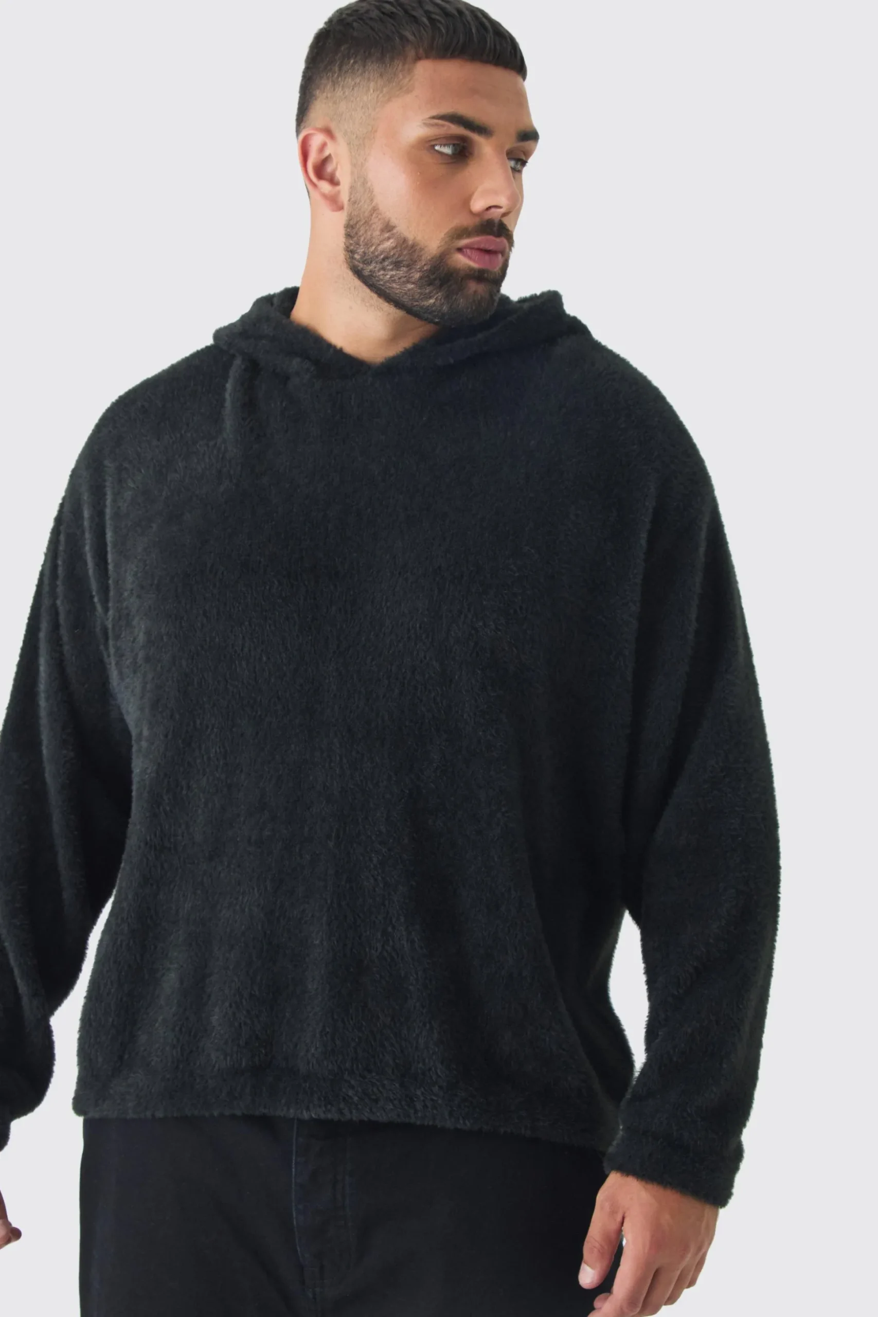 Plus Fluffy Knit Boxy Oversized Hoodie | BoohooMAN UK