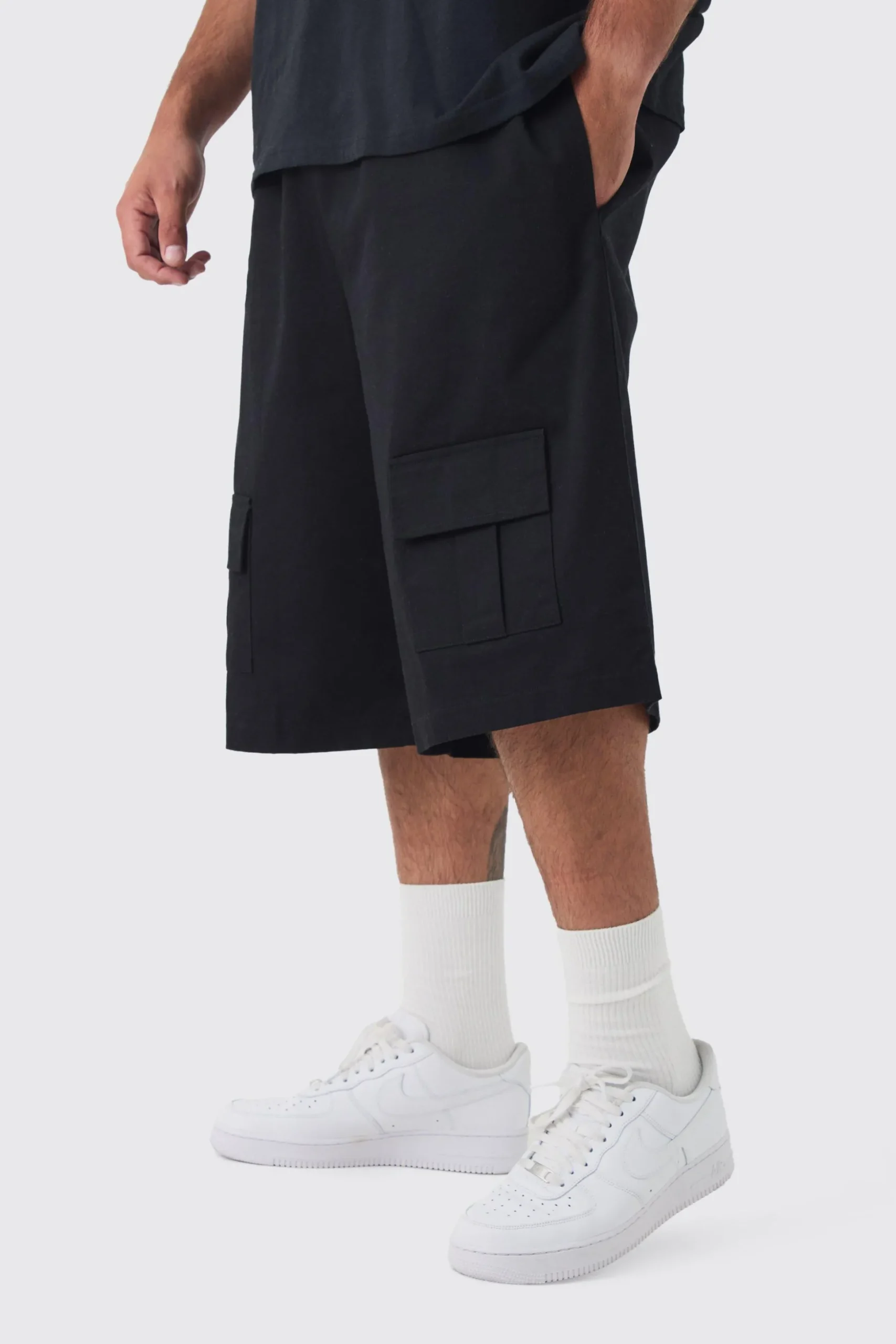 Plus Front Pocket Twill Overdyed Cargo Jort | BoohooMAN UK