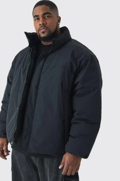 Plus Funnel Neck Padded Jacket In Black | BoohooMAN UK