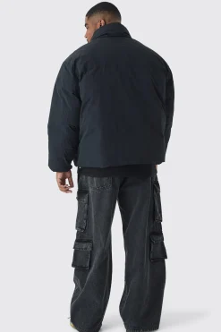 Plus Funnel Neck Padded Jacket In Black | BoohooMAN UK