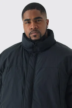Plus Funnel Neck Padded Jacket In Black | BoohooMAN UK
