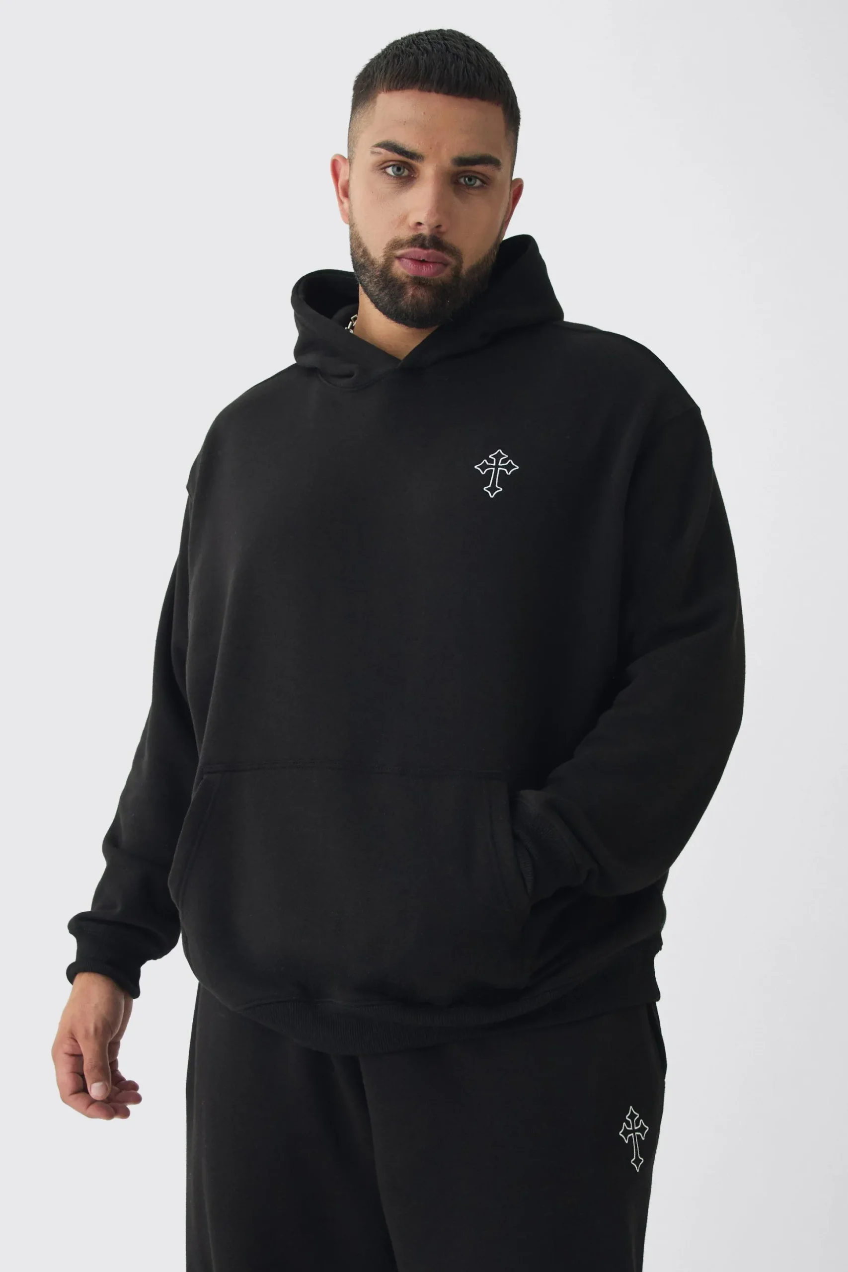 Plus Gothic Cross Embroidered Hooded Tracksuit | BoohooMAN UK