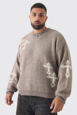 Plus Gothic Cross Oversized Fluffy Knitted Sweat | BoohooMAN UK