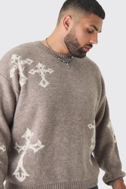 Plus Gothic Cross Oversized Fluffy Knitted Sweat | BoohooMAN UK