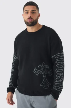 Plus Gothic Cross Oversized Knitted Sweat | BoohooMAN UK