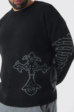Plus Gothic Cross Oversized Knitted Sweat | BoohooMAN UK