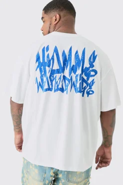 Plus Graffiti Homme Worldwide Back Print T-shirt In White | BoohooMAN UK