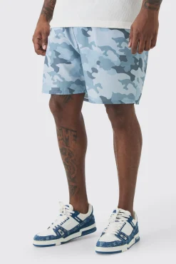 Plus Grey Camo Printed Swim Shorts | BoohooMAN UK