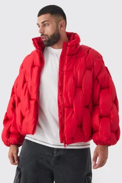 Plus Hand Weft Padded Puffer Jacket In Red | BoohooMAN UK