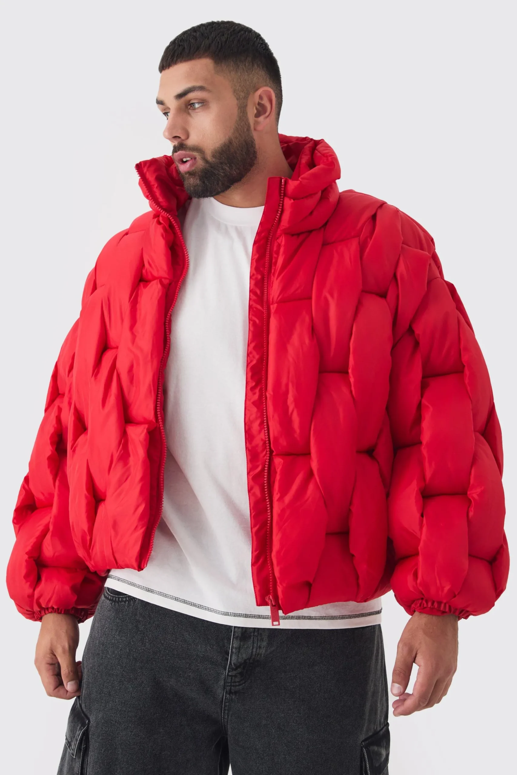 Plus Hand Weft Padded Puffer Jacket In Red | BoohooMAN UK