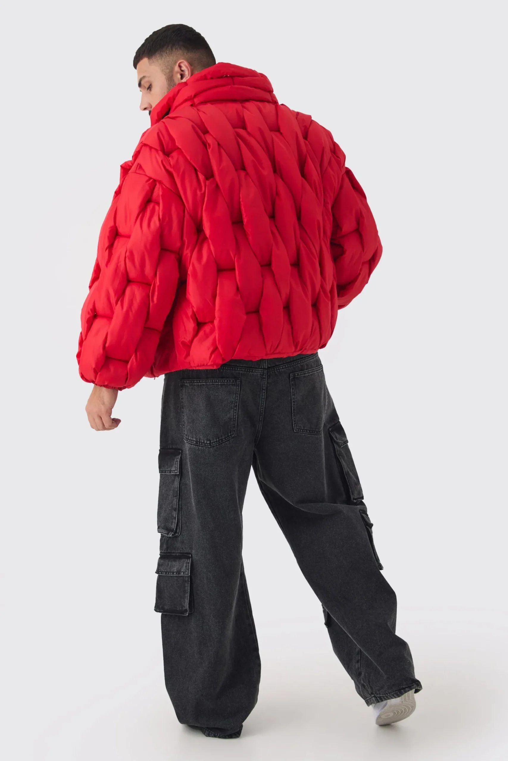 Plus Hand Weft Padded Puffer Jacket In Red | BoohooMAN UK