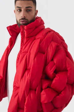 Plus Hand Weft Padded Puffer Jacket In Red | BoohooMAN UK