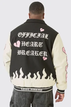 Plus Heart Breaker Badge PU Sleeve Bomber | BoohooMAN UK