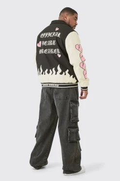 Plus Heart Breaker Badge PU Sleeve Bomber | BoohooMAN UK