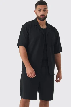 Plus Herringbone Detail Shirt & Short Set In Black | BoohooMAN UK