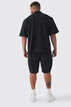 Plus Herringbone Detail Shirt & Short Set In Black | BoohooMAN UK