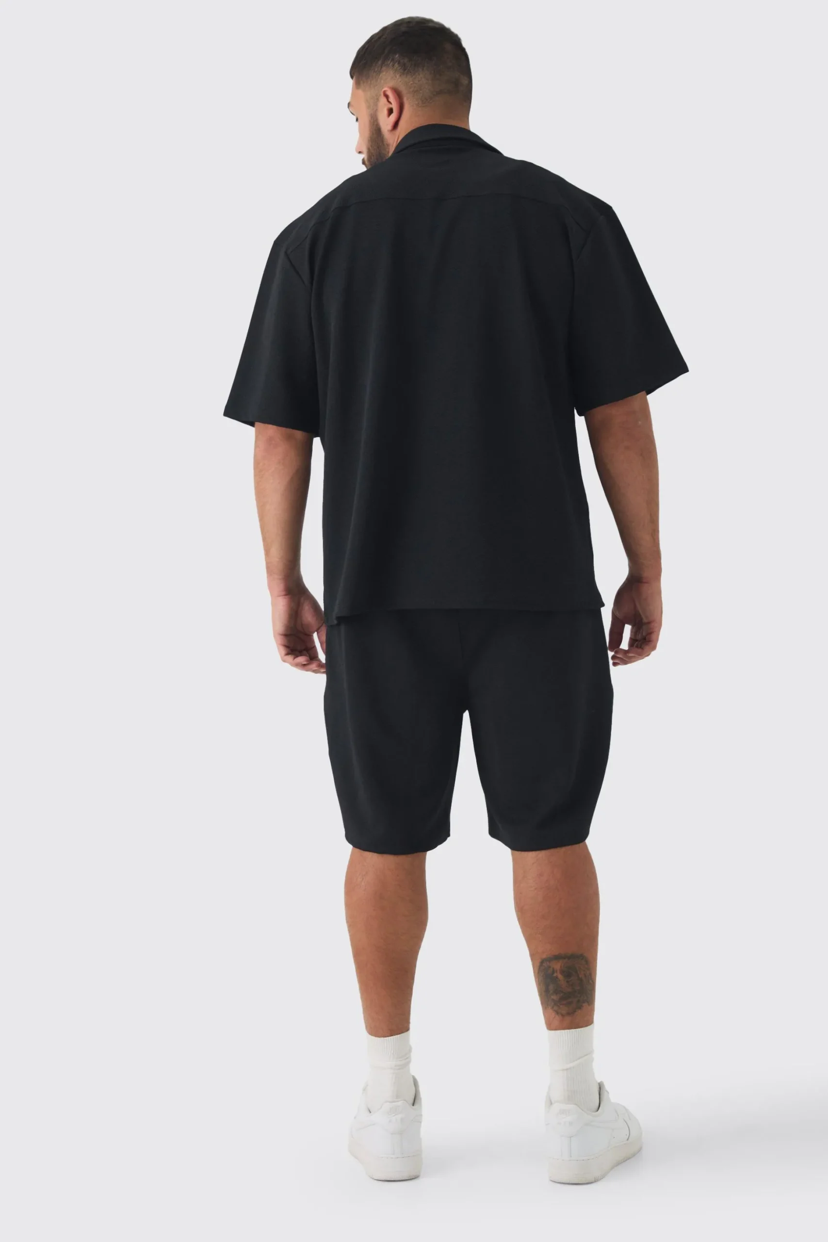 Plus Herringbone Detail Shirt & Short Set In Black | BoohooMAN UK