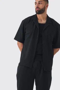 Plus Herringbone Detail Shirt & Short Set In Black | BoohooMAN UK
