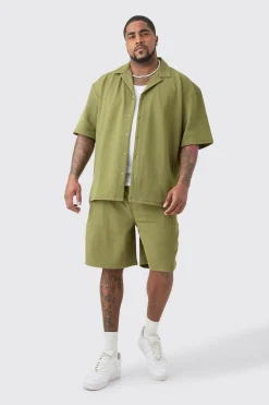 Plus Herringbone Detail Shirt & Short Set In Khaki | BoohooMAN UK