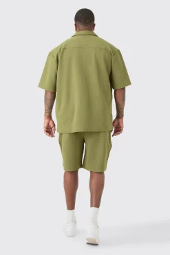 Plus Herringbone Detail Shirt & Short Set In Khaki | BoohooMAN UK