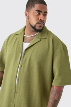 Plus Herringbone Detail Shirt & Short Set In Khaki | BoohooMAN UK