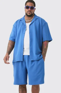 Plus Herringbone Detail Shirt & Short Set In Cobalt | BoohooMAN UK