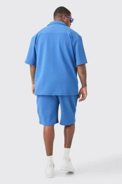 Plus Herringbone Detail Shirt & Short Set In Cobalt | BoohooMAN UK