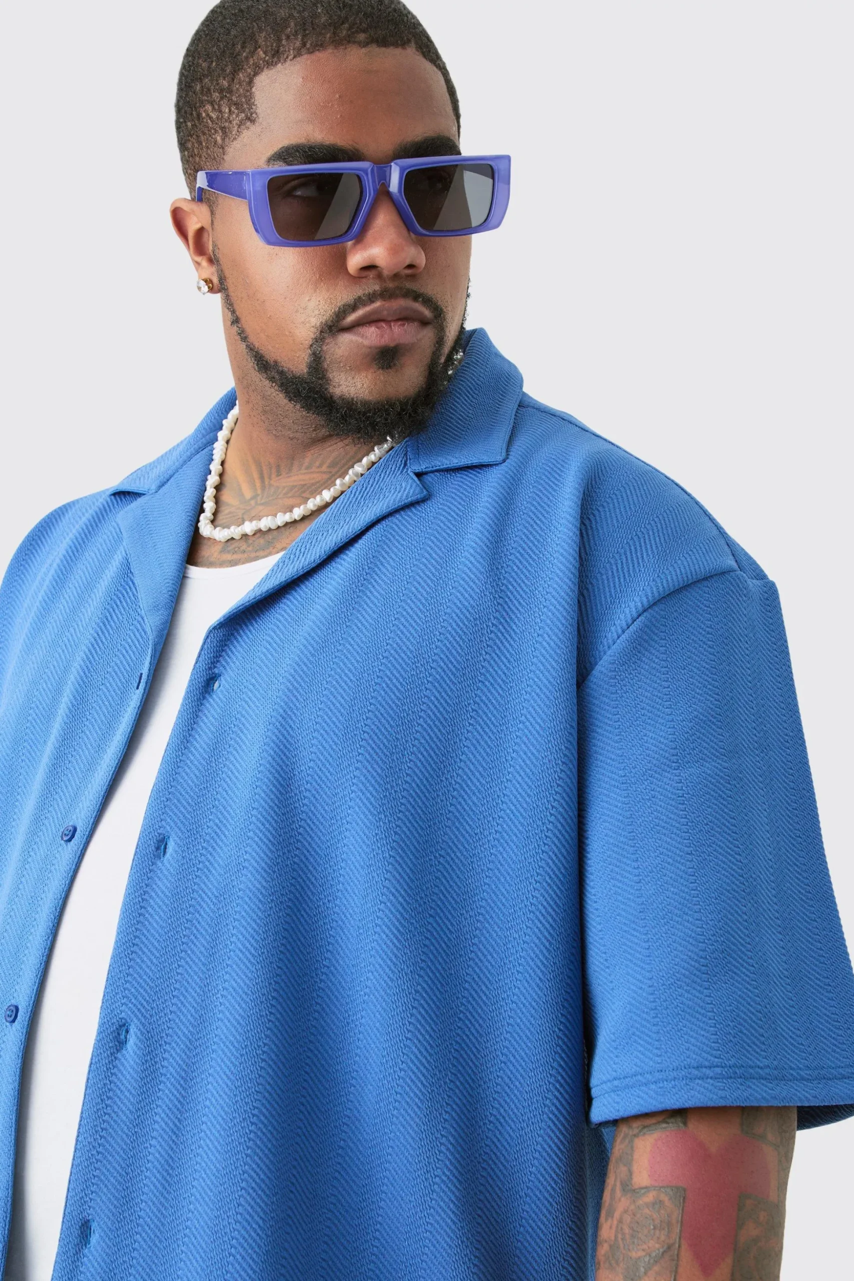 Plus Herringbone Detail Shirt & Short Set In Cobalt | BoohooMAN UK