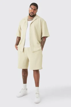 Plus Herringbone Detail Shirt & Short Set In Stone | BoohooMAN UK