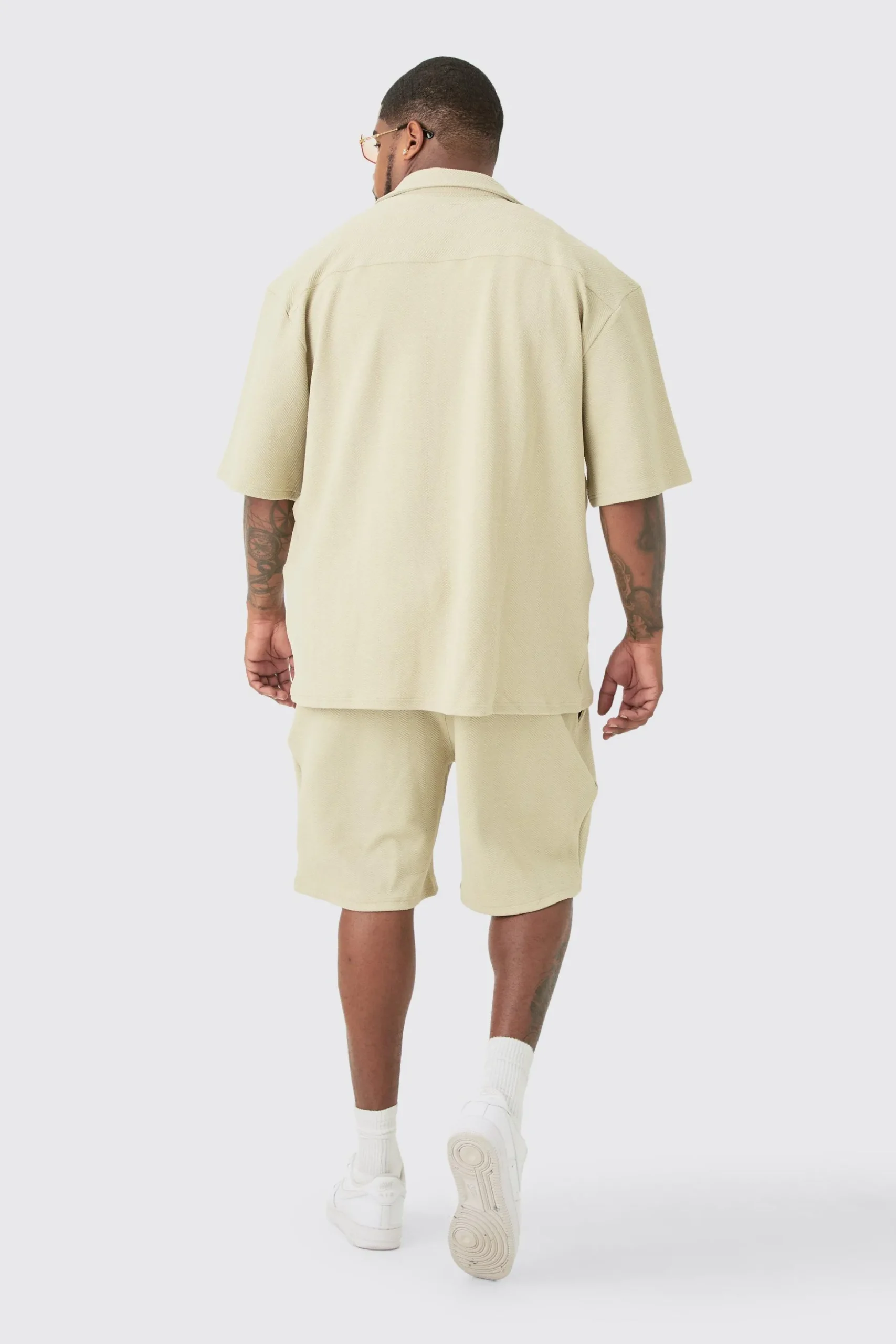 Plus Herringbone Detail Shirt & Short Set In Stone | BoohooMAN UK