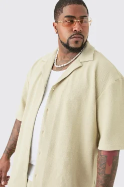 Plus Herringbone Detail Shirt & Short Set In Stone | BoohooMAN UK