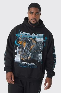 Plus Homme Cross Print Oversized Hoodie In Black | BoohooMAN UK