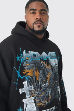 Plus Homme Cross Print Oversized Hoodie In Black | BoohooMAN UK