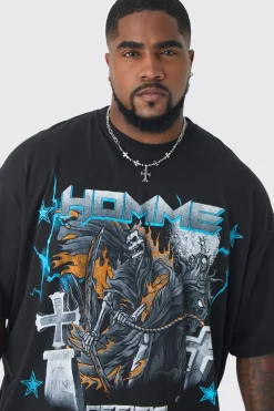 Plus Homme Cross Print Oversized T-shirt In Black | BoohooMAN UK