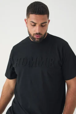 Plus Homme Debossed T-shirt In Black | BoohooMAN UK