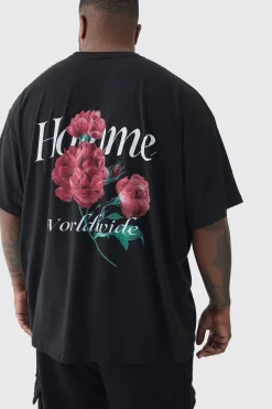 Plus Homme Floral Printed T-shirt In Black | BoohooMAN UK