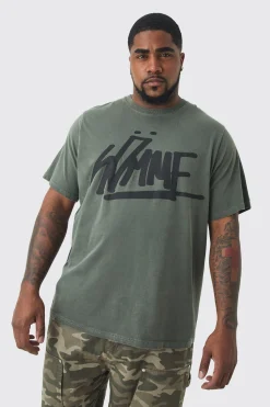 Plus Homme Graffiti T-shirt In Khaki | BoohooMAN UK