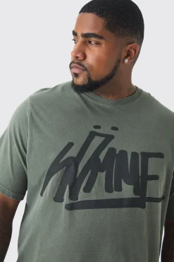 Plus Homme Graffiti T-shirt In Khaki | BoohooMAN UK