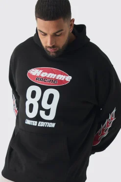 Plus Homme Racing Oversized Hoodie | BoohooMAN UK