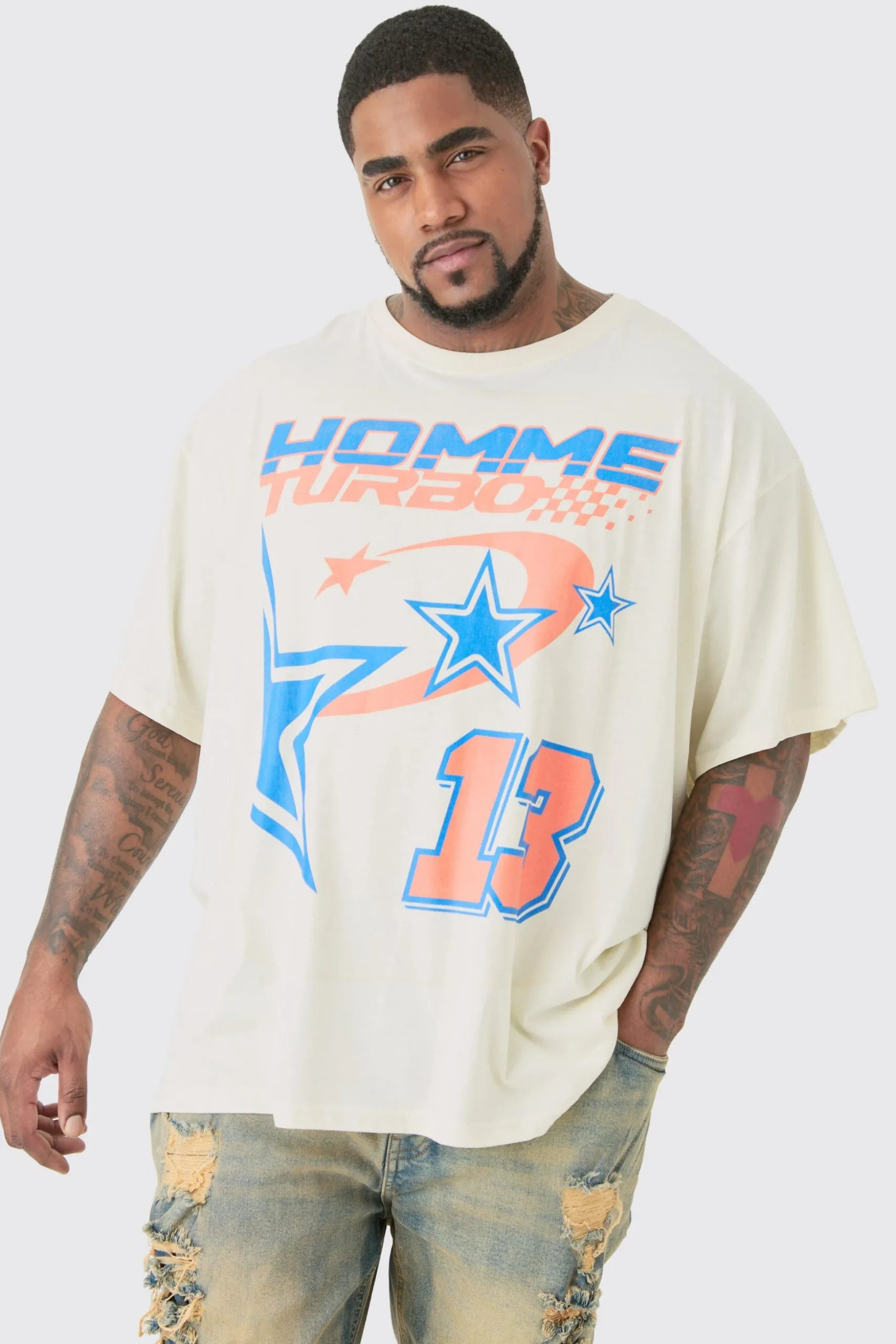 Plus Homme Turbo T-shirt In Ecru | BoohooMAN UK